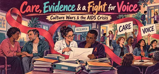 Hand-drawn comic of AIDS patient care, collaborative research, and advocates demanding care and a voice, connected by a red awareness ribbon.