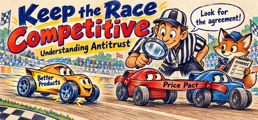 Ballpoint-and-marker comic of a referee examining a price-pact ribbon between two racing carts while another cart competes through better products.