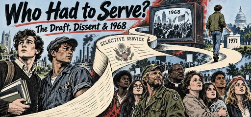 Hand-drawn comic contrasting college and factory workers facing the draft, a diverse antiwar coalition, a television showing 1968 Chicago, and a young voter in 1971.