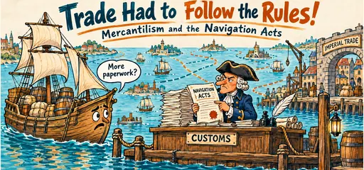 Teal and orange marker comic shows a puzzled merchant ship at a customs desk, Navigation Acts paperwork, and overlapping routes among several harbors.