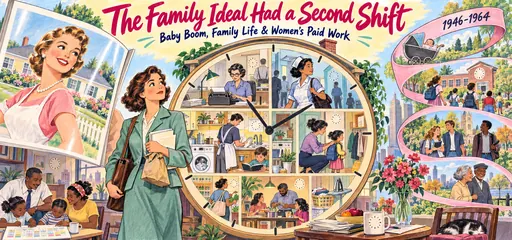 Hand-drawn clock-shaped house contrasting the suburban family ideal with paid jobs, caregiving, housework, shared family tasks, and the baby-boom generation aging.