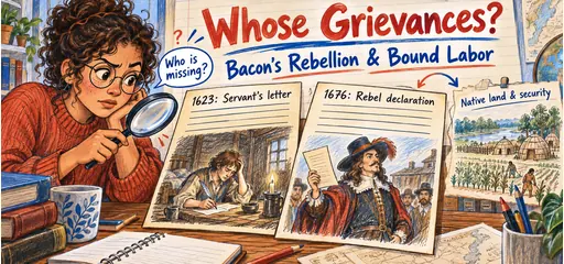 Colored-pencil comic shows a student comparing a 1623 servant letter with a 1676 rebel declaration, asking who is missing beside a drawing labeled Native land and security.