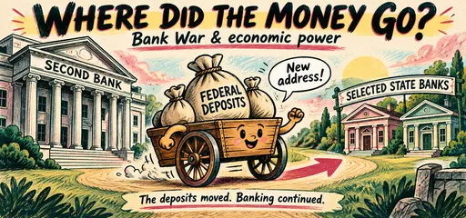 Handwritten comic cart moves federal deposits from the Second Bank toward selected state banks, showing that banking continued.