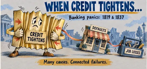 Hand-drawn credit accordion compresses beside a tilted storefront and toolbox, illustrating how contracting credit can amplify defaults and job losses.