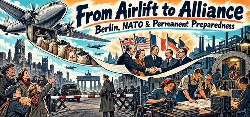 Hand-drawn Berlin airlift supplies unfold into an allied treaty handshake, defense-production workshop, and civil-defense shelter, tracing permanent containment capacity.