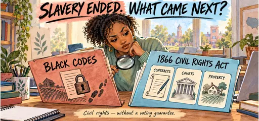 Salmon and blue watercolor comic of a student comparing Black Codes restricting labor and movement with the 1866 act protecting contracts, courts and property, without guaranteeing voting.