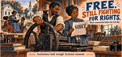 Copper and blue woodcut comic of a Black-run printing workshop, school and church, showing community institutions and the continued struggle against racial exclusion before the Civil War.