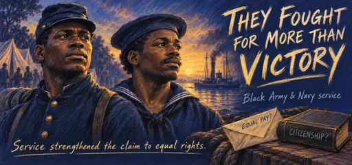 Indigo and ochre pastel portraits of Black Union Army and Navy servicemen, with equal-pay and citizenship questions, illustrating how military service strengthened claims to equal rights.