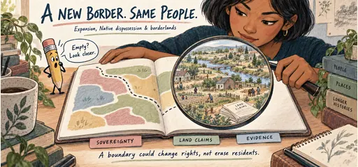 Hand-drawn comic of a historian magnifying an abstract borderlands map to reveal residents, farms, and existing land claims.