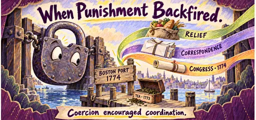 Handwritten harbor comic shows Boston port locked in 1774 as relief, correspondence, and Congress ribbons illustrate coordinated colonial resistance.