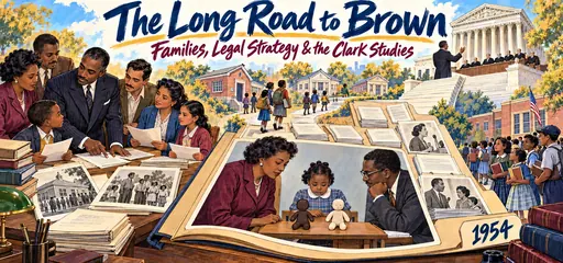 Hand-drawn families and attorneys assembling a school-desegregation case file, Kenneth and Mamie Clark observing a child with two dolls, and a path toward the Supreme Court.