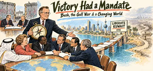 Hand-drawn comic of George H. W. Bush and international diplomats building a coalition bridge toward liberating Kuwait in 1991, with an uncertain aftermath beyond.