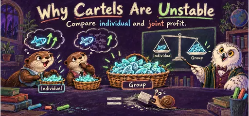 Two otter students and a snowy owl compare individual and group profit in an original glowing chalk-pastel comic.