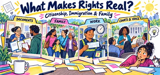 Hand-drawn comic with a pop-up folder showing immigration documents, a multigenerational family, work and care, and public discussion beside a courthouse.