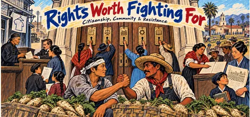 Crayon and linocut-style comic of Japanese and Mexican sugar-beet workers clasping hands before courthouse locks, with Chinese American legal petitioners, mutual aid and Japanese American family property and school documents.