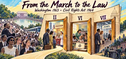 Hand-drawn March on Washington crowd beside three doors representing Civil Rights Act protections for public accommodations, federally funded education, and employment.