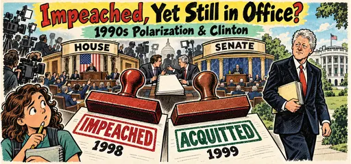 Hand-drawn comic distinguishing House impeachment in 1998 from Senate acquittal in 1999, with Bill Clinton remaining at work beside the White House.