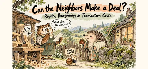 Brush-ink comic of an owl woodworker and a sleepy hedgehog discussing a possible agreement over workshop noise, with a snail asking about clear rights.