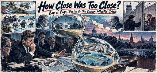 Hand-drawn hourglass above Kennedy and advisers, reconnaissance photographs and a naval quarantine around Cuba, with Bay of Pigs and Berlin Wall scenes illustrating Cold War crisis decisions.