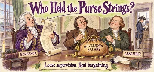 Hand-drawn colonial assemblymen hold the governor’s salary purse strings while he holds royal instructions; a customs official continues work nearby.
