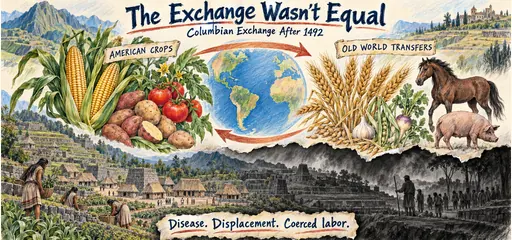 Botanical colored-pencil comic contrasts American maize, potatoes and tomatoes with Old World wheat and livestock, above a charcoal scene representing disease, displacement and coerced labor.