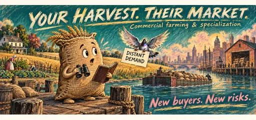 Hand-drawn wheat sack receives a distant-demand message from a pigeon beside a loaded barge, linking farm households with urban markets and price risks.