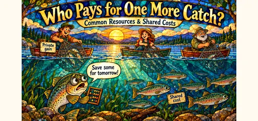 Stained-glass comic of fishers harvesting a shared lake while a worried trout calculates the shared depletion cost.