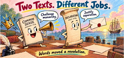 Handwritten comic contrasts Common Sense challenging monarchy in January 1776 with the Declaration justifying separation in July 1776.