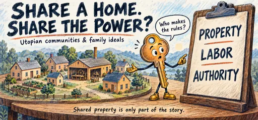 Handwritten comic key beside a communal village asks who makes the rules about property, labor, and authority.