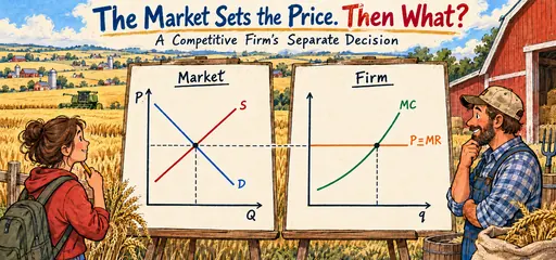 Hand-drawn competitive firm comic showing a wheat farmer and student comparing market supply and demand with a separate firm graph, transferring price to a horizontal marginal revenue line and selecting firm output.