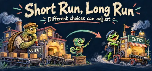 Chalk comic tortoise adjusts factory output while a frog brings a new factory into the market.
