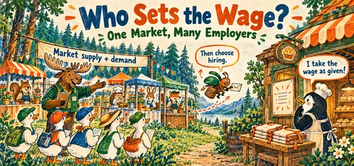 Risograph forest labor fair contrasts many employers and duck workers with a penguin baker who takes the market wage as given and then chooses hiring.