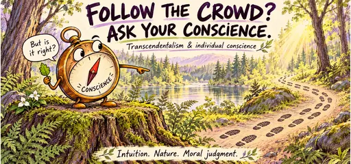 Hand-drawn comic of a questioning conscience compass beside a forest trail of footprints, illustrating intuition, nature, and moral judgment.