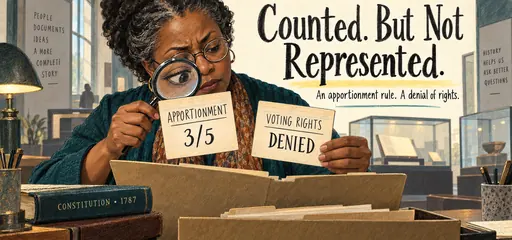 Hand-drawn historian examining apportionment and denied voting rights to explain the unjust political effects of the Three-Fifths Compromise.