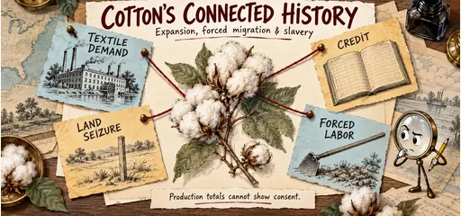 Hand-drawn cotton evidence board connects textile demand, credit, land seizure and forced labor, with a magnifying-glass character examining the relationships.