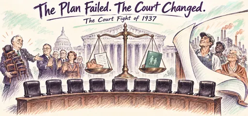 Hand-drawn Roosevelt proposes extra chairs as Congress objects, while nine judicial seats, a balance scale, and a turning law-book page distinguish the failed court plan from changed economic-regulation doctrine.