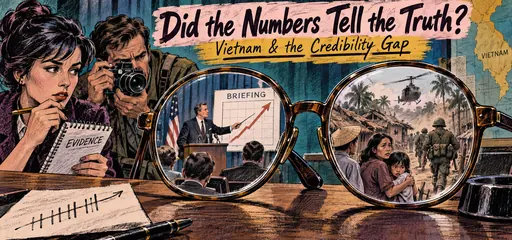 Hand-drawn comic of reporters examining giant eyeglass lenses contrasting a confident official briefing with Vietnamese villagers and departing soldiers, illustrating the credibility gap.