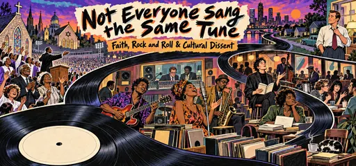 Hand-drawn vinyl-record street connecting religious gatherings, Black musicians and a recording studio, Beat poetry, a playwright, jazz, and readers discussing postwar culture.