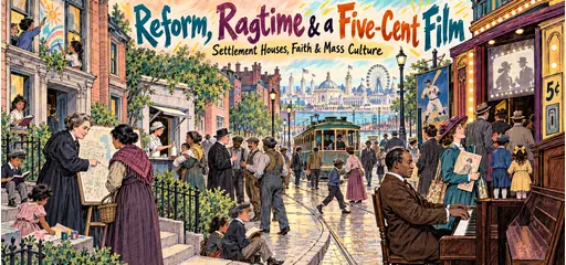 Ink and pastel street-scene comic connecting Jane Addams and neighborhood research, settlement classes and milk service, workers and a minister, ragtime piano, a five-cent cinema and urban shopping.