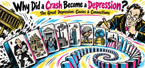 Hand-drawn stock ticker sets off a spiral of dominoes showing housing weakness, bank runs, factory slowdown, unemployment, debt, the gold standard, and trade barriers as connected Depression mechanisms.