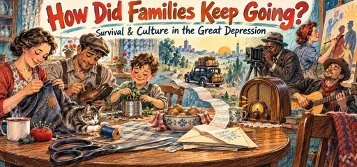 Hand-drawn family repairs clothes and shoes and grows seedlings beside a radio, while a migration road, documentary photographer, mural painter, and folk musician connect survival with Depression culture.