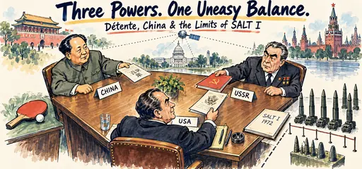 Hand-drawn watercolor comic of Nixon, Mao, and Brezhnev at a triangular bargaining table, ping-pong diplomacy, SALT I launcher limits, and satellite verification.