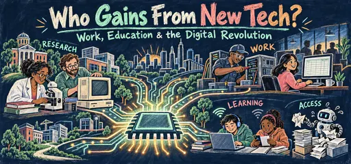 Hand-drawn chalk comic linking a microchip to university research, changing office and technical work, and students using different digital learning tools.