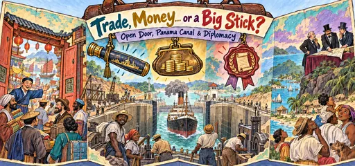 Colored-pencil map-diorama comic of a Panama Canal lock and Caribbean workers, an open Chinese market, naval power, finance and recognition tools, and island residents watching treaty decisions.