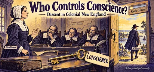 Violet-ink comic juxtaposes Anne Hutchinson addressing Massachusetts magistrates with Roger Williams approaching Rhode Island, beside a symbolic key labeled conscience.