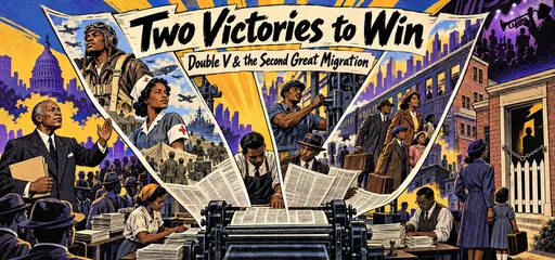 Hand-drawn double-V newspaper pages connect Black wartime service, industrial work, civil-rights organizing, and families migrating by train while facing housing barriers.