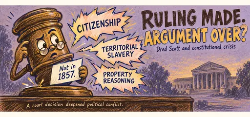 Lilac and mustard crayon comic of a puzzled gavel beside citizenship, territorial slavery and property-reasoning labels, illustrating political conflict after the 1857 Dred Scott decision.