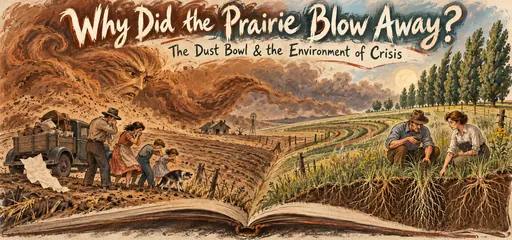 Hand-drawn open prairie storybook contrasts a dust storm over exposed farmland and a migrating family with deep grass roots, contour fields, and shelterbelt trees that reduce erosion.
