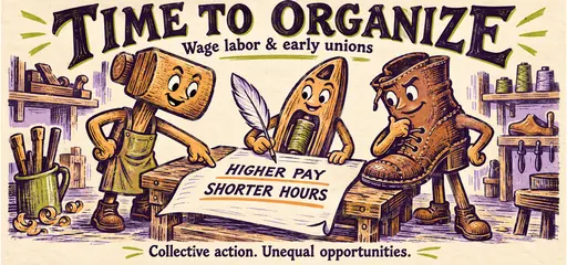 Hand-drawn mallet, weaving shuttle and cobbler’s boot gather around a petition for higher pay and shorter hours, representing wage workers’ collective organization.