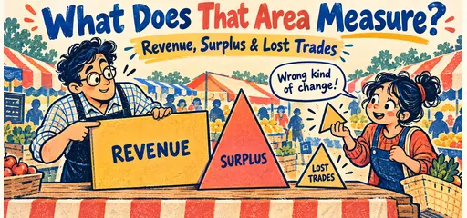 Hand-lettered market-stall comic with a tutor pointing to a revenue rectangle while a student holds a triangle beside shapes labelled surplus and lost trades.